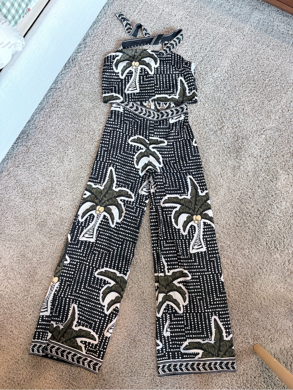 Rachel Zoe Palm Print 2 Piece Set Halter Crop Top & Wide Leg Pants XS